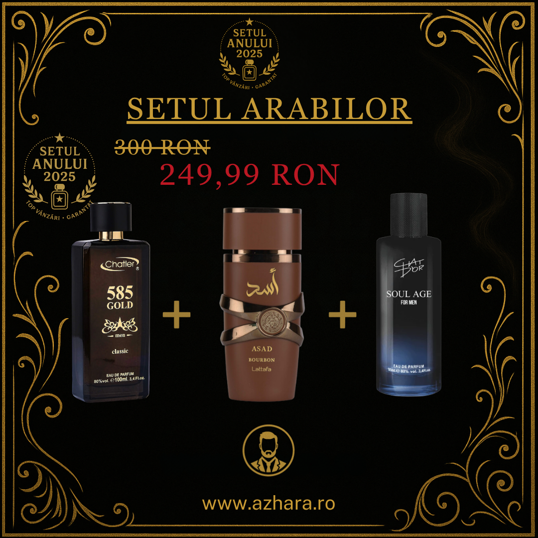 Asad Bourbon by Lattafa + 585 Gold Classic Men + Chat D’Or Soul Age