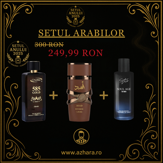 Asad Bourbon by Lattafa + 585 Gold Classic Men + Chat D’Or Soul Age